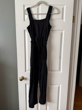 Quince Black Sleeveless Square-Neck Jumpsuit with Waist Tie Belt